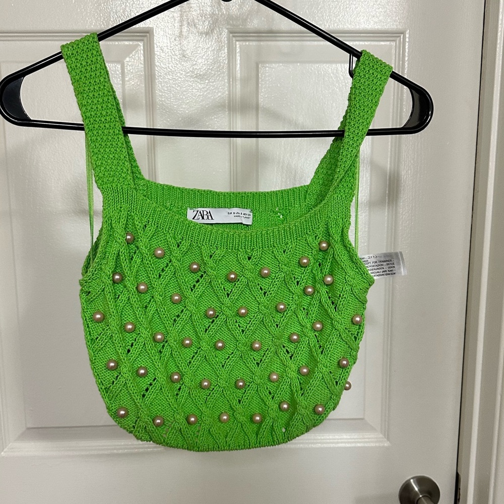zara green tank top crop top faux pearl